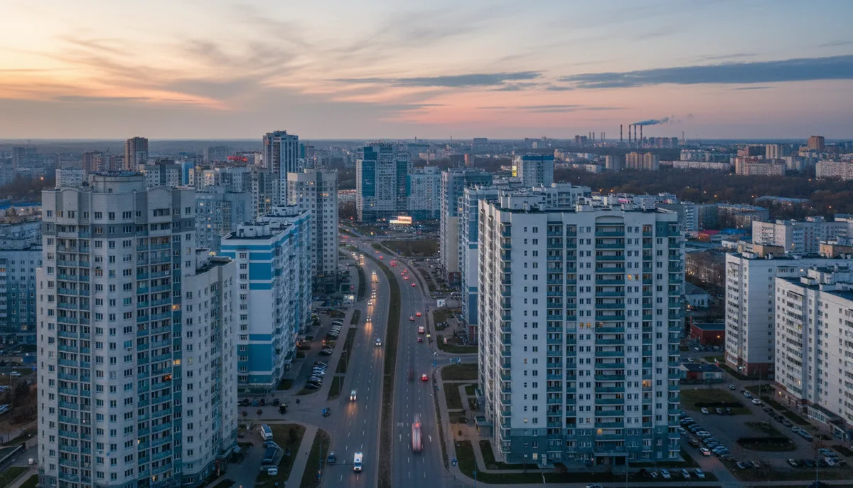 Городская панорама Балашихи, жилые кварталы, машина скорой помощи на дороге
