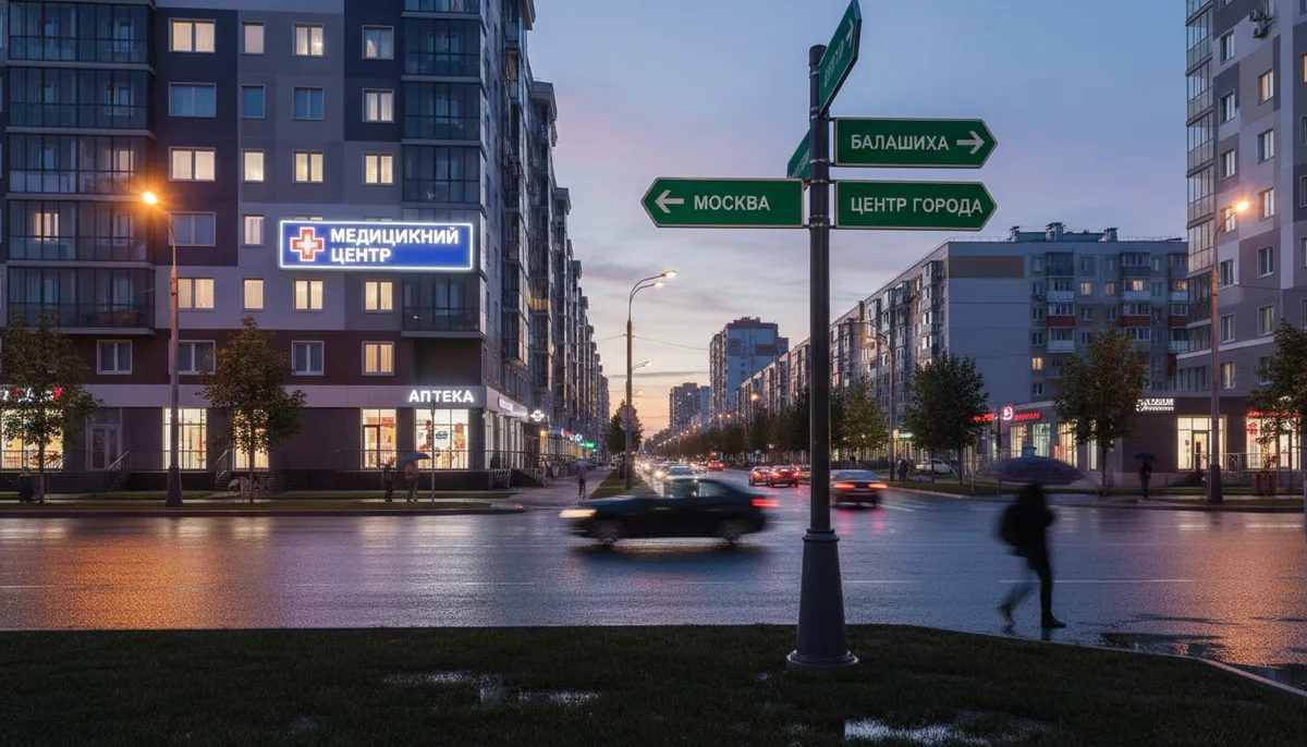 Вечерняя городская улица Реутова, вывеска медицинского учреждения, дорожные указатели