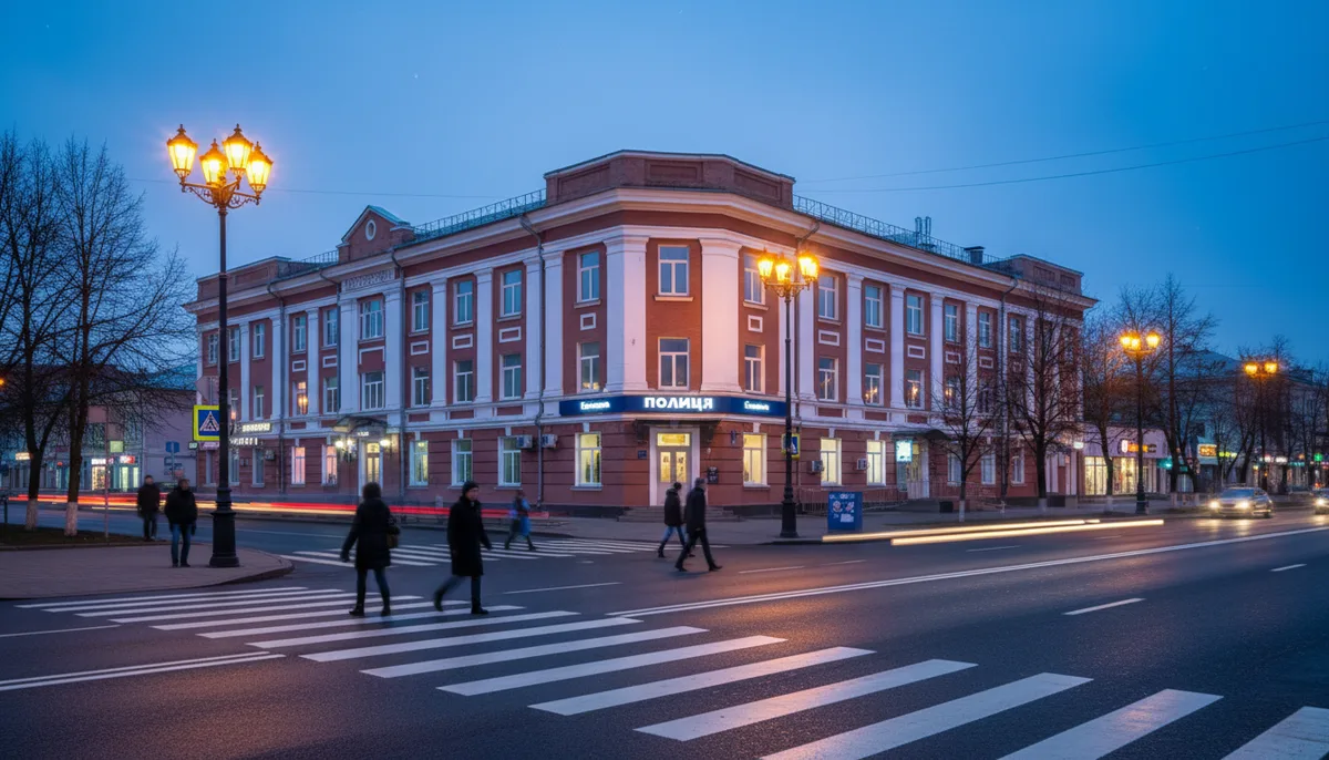 Городская улица Балашихи, пешеходный переход, здание полицейского участка, фонари вечернего освещения
