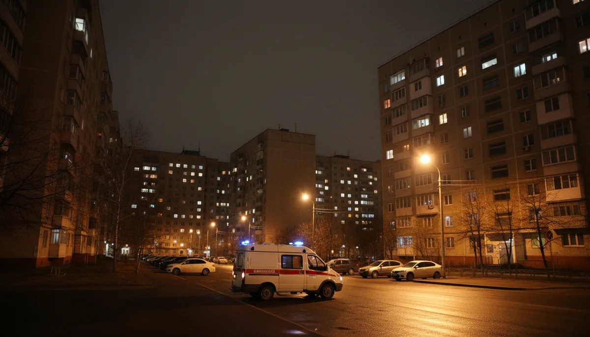 Ночной вид жилого квартала Реутова, горящие окна многоэтажных домов, припаркованный медицинский автомобиль